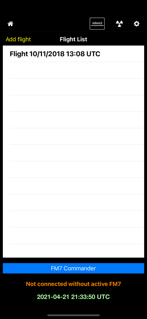 ARMAS - ARMASアプリのインターフェース。フライトリストとFM7放射線検出器の接続ステータスを表示。