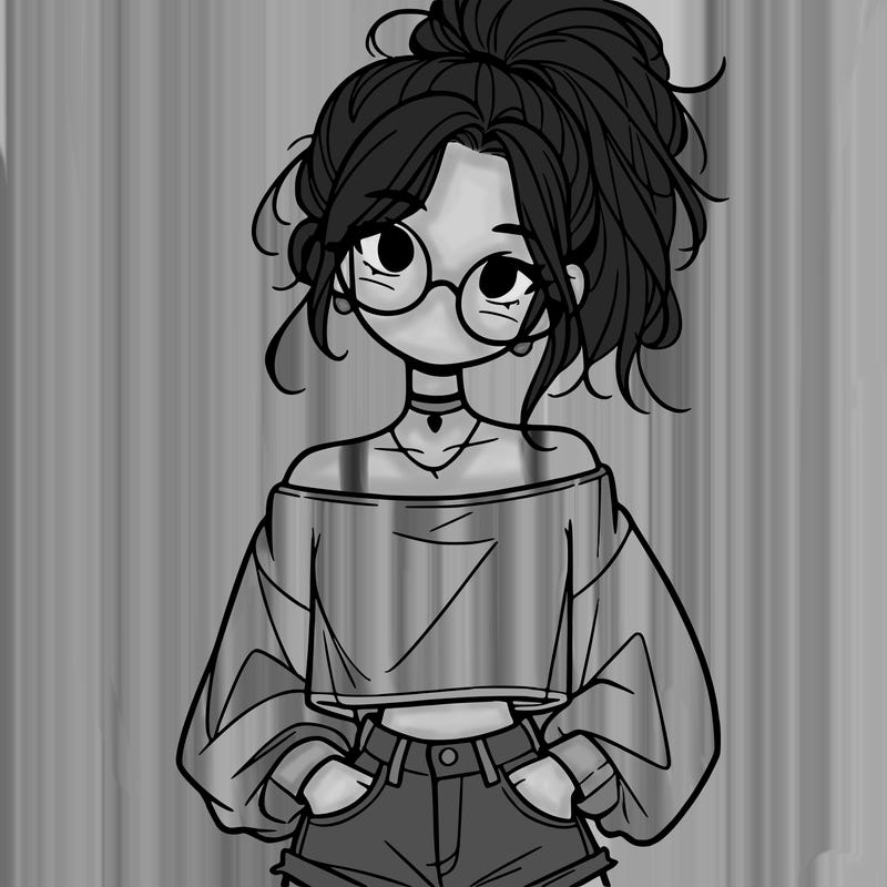 girl with a messy ponytail glasses a baggy crop top and jean shorts