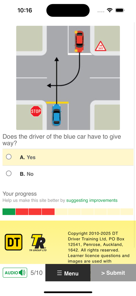 A practice question about road rules in the DT Driving Tests Theory mobile app.