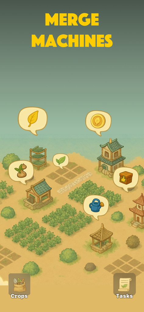Screen showing a tea plantation and the words Merge Machines in Idle Tea Farm Tycoon