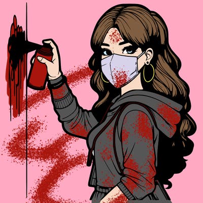 realistic girl with mask spray painting a wall