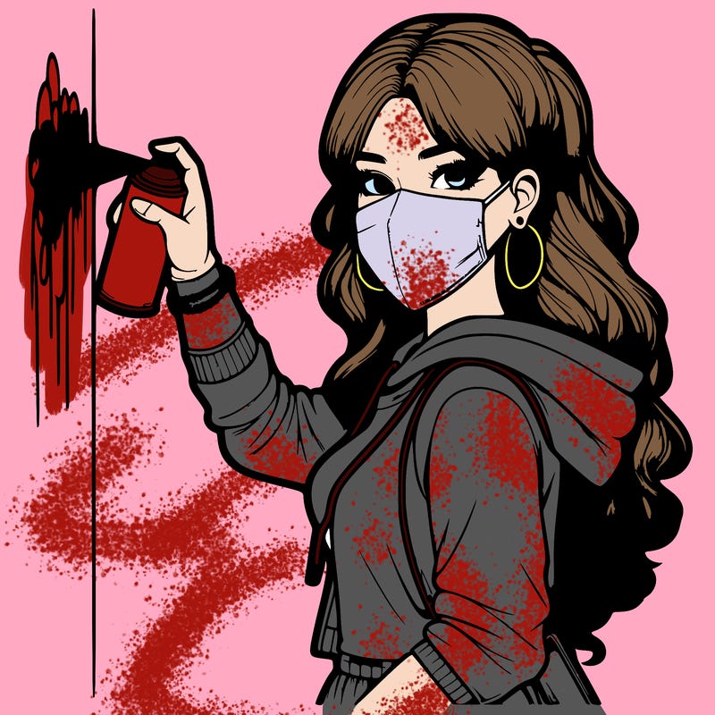 realistic girl with mask spray painting a wall