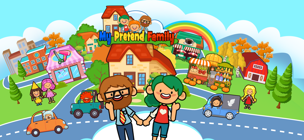 A colorful cartoon neighborhood with family characters and various buildings from the My Pretend Family app.