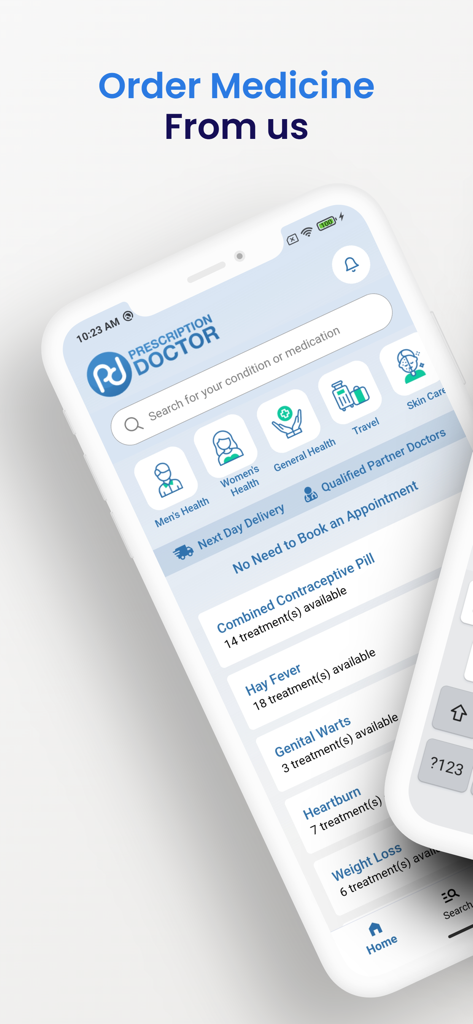Interface da aplicação Prescription Doctor que mostra categorias de saúde masculina e feminina com opções para encomendar medicamentos.