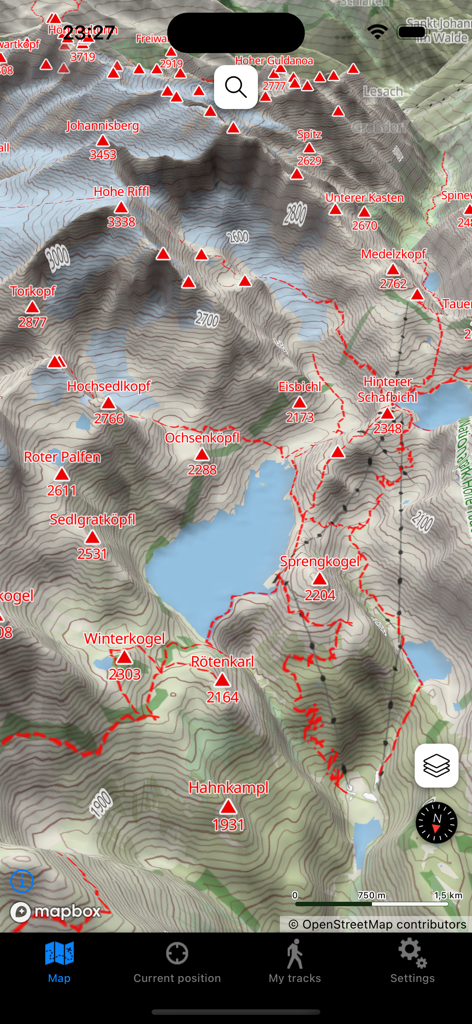 Une vue en carte topographique 3D des Alpes autrichiennes montrant les sentiers de randonnée et les sommets montagneux.