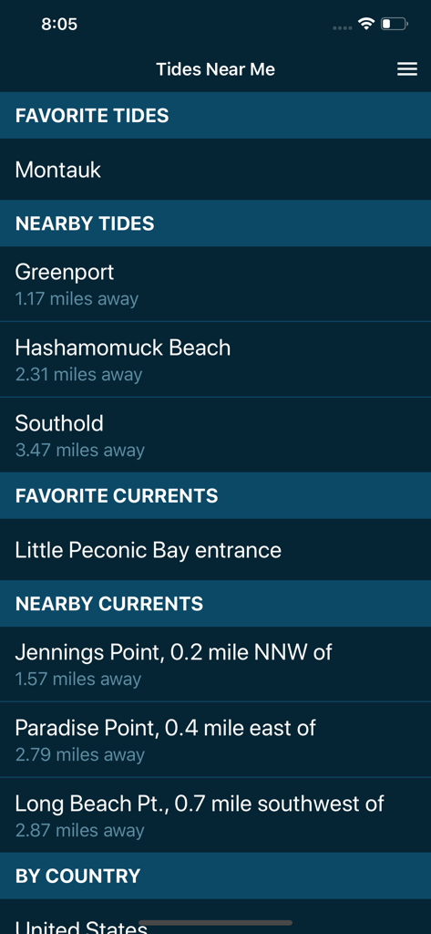 Tides Near Me - Tides Near Me app interface displaying a list of favorite and nearby tide and current stations
