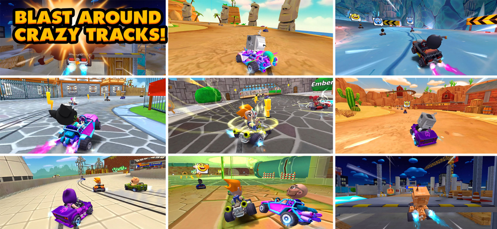 Boom Karts Multiplayer Racing - Un collage que muestra múltiples escenas de juego de Boom Karts con varios corredores y pistas personalizadas