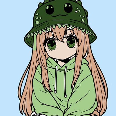 girl with anime shaped eyes with a dinosaur bucket hat oversized sweatshirt long straight hair