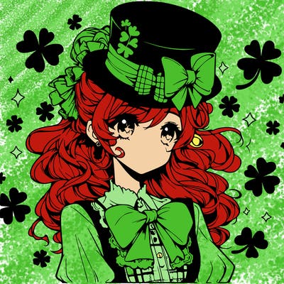 a manga-style girl with clovers around her, a little hat in her hair, like it's saint patrick's day