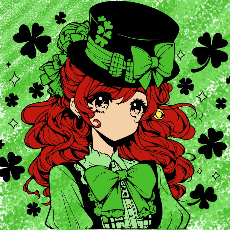 a manga-style girl with clovers around her, a little hat in her hair, like it's saint patrick's day