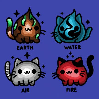 4 cats that represent the different elements, earth, water, air, and fire