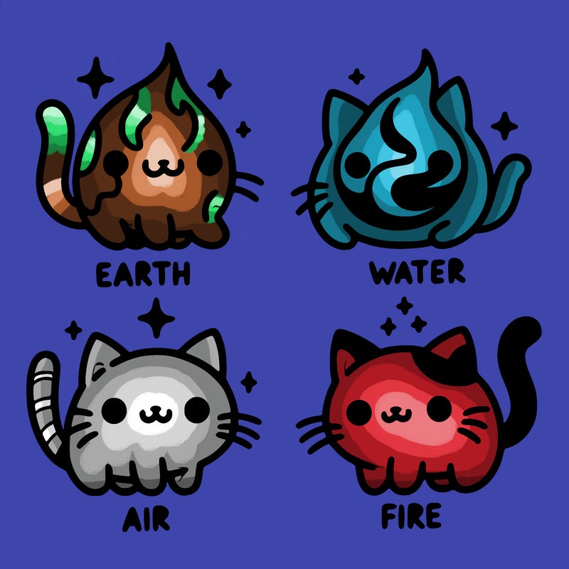 4 cats that represent the different elements, earth, water, air, and fire