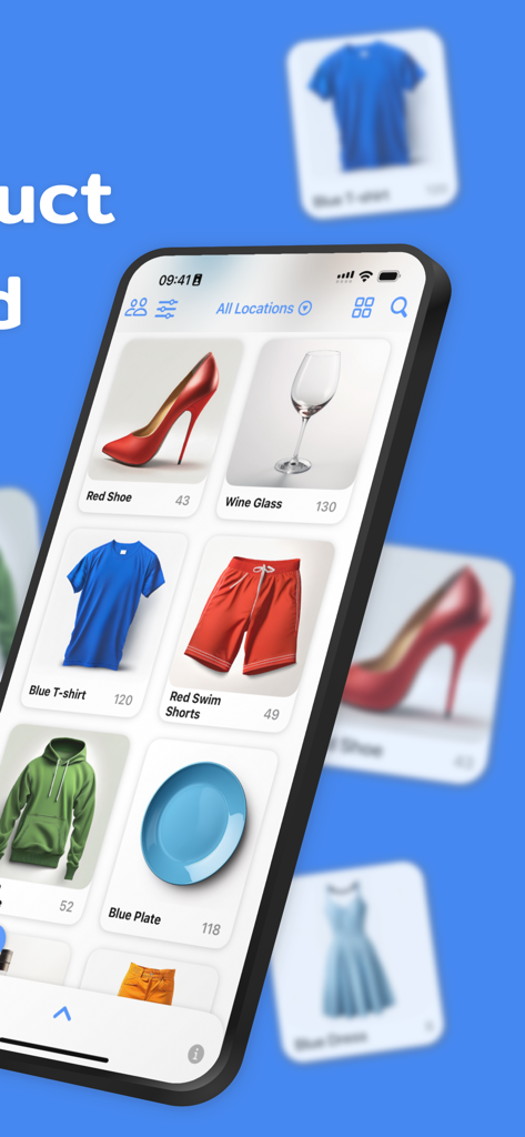 Interface of the Stock Control app on an iPhone showing a list of products with images and stock quantities