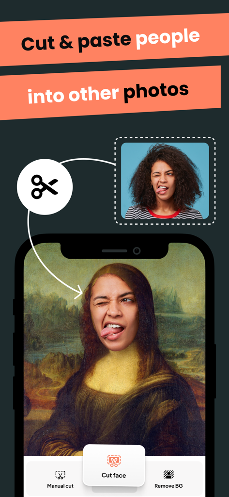 Cut and Paste: Photos Editor - Uma interface de aplicativo móvel demonstrando como recortar um rosto de uma foto e colá-lo no retrato da Mona Lisa.