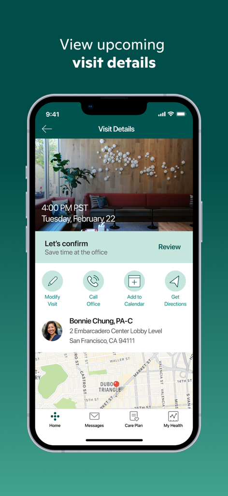 One Medical - One Medical app interface displaying upcoming appointment details with provider name and office location map