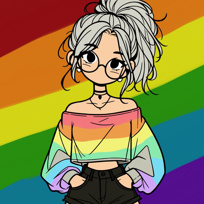 girl with a messy ponytail glasses a baggy crop top and jean shorts