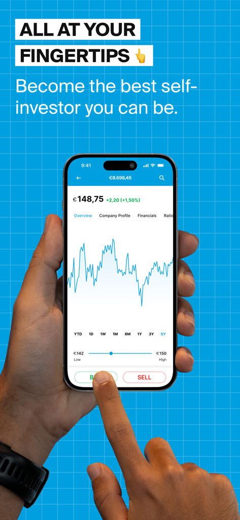 A person holding a smartphone displaying a stock price chart and buy sell options on the DEGIRO app