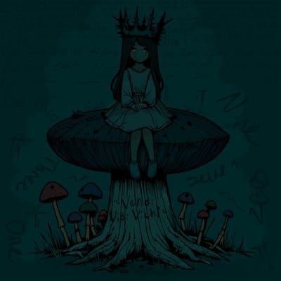realistic girl sitting on a huge tree stump size toadstool with thorn crown