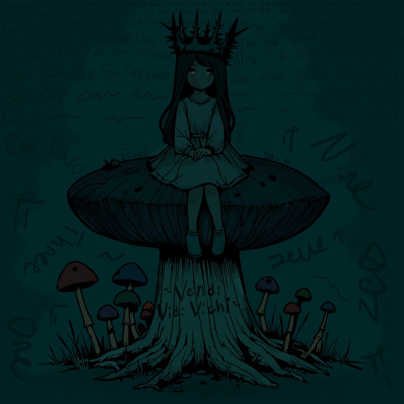 realistic girl sitting on a huge tree stump size toadstool with thorn crown