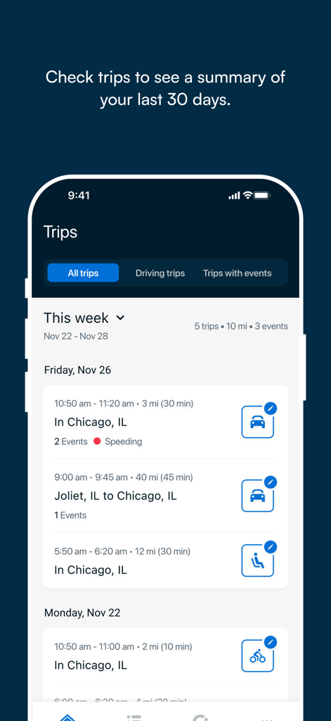 Routely℠ - A summary list of driving trips and safety events in the Routely app.