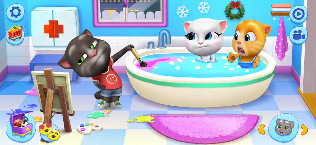 My Talking Tom Friends - Talking Tom pinta a água do banho de rosa enquanto Talking Angela e Ginger brincam na banheira