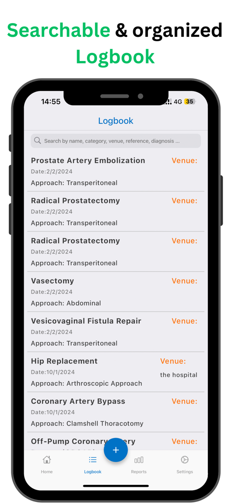 Surgeonal(Surgical Logbook) - Interface of the Surgeonal app showing a searchable and organized list of surgical procedures