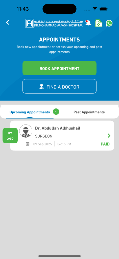 Screenshot of the Dr. Mohammad Alfagih Hospital app showing the appointments screen with options to book an appointment or find a doctor and a list of upcoming visits.