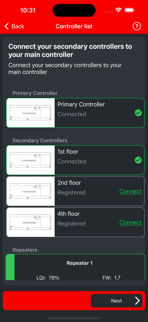 Danfoss Icon2™ - Interface of Danfoss Icon2 app showing the list of primary and secondary floor heating controllers with connection status.