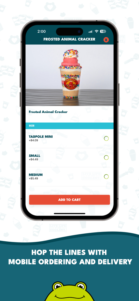 A mobile app interface showing a Frosted Animal Cracker treat with size selection and an add to cart button for mobile ordering.