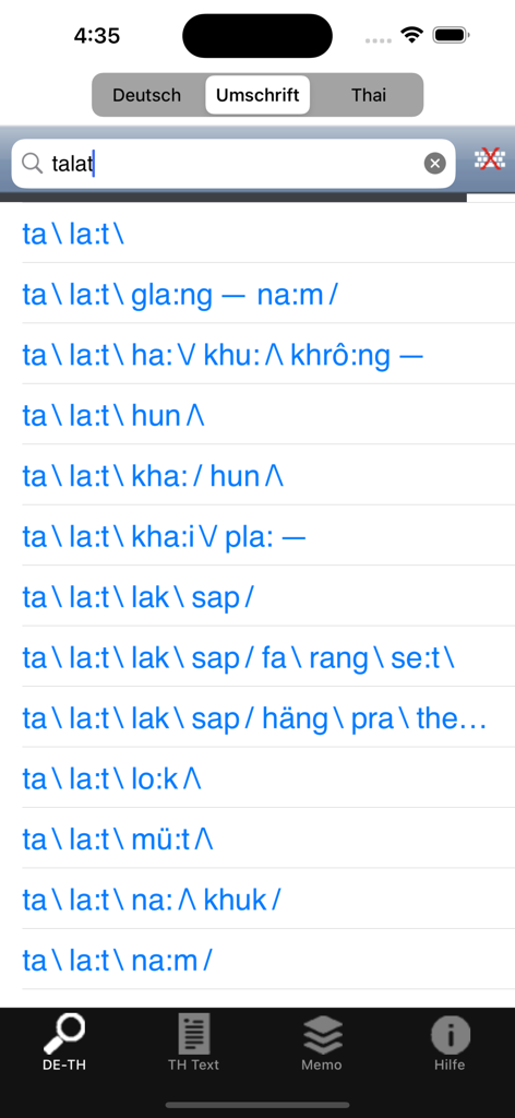 ClickThai Wörterbuch - ClickThai dictionary app showing a list of Thai words in phonetic script based on a search for talat
