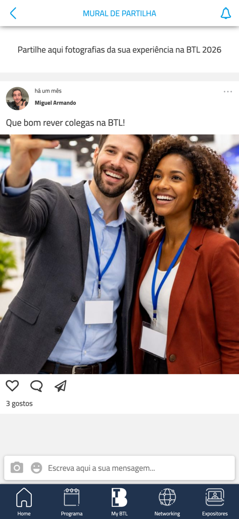 BTL 2026 - Screenshot der BTL 2026 Mobile App Sharing Wall mit einem Social-Media-Post von professionellen Teilnehmern auf der Veranstaltung