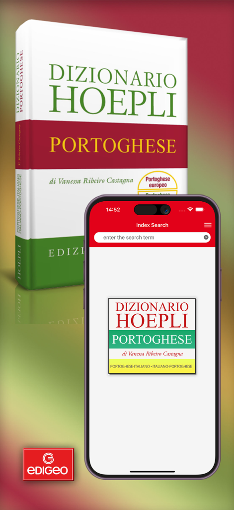 Dizionario Hoepli Portoghese mobile app interface and physical dictionary book