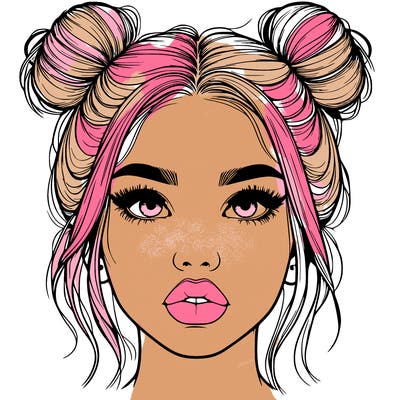 realistic girl with two buns on her hair and lips
