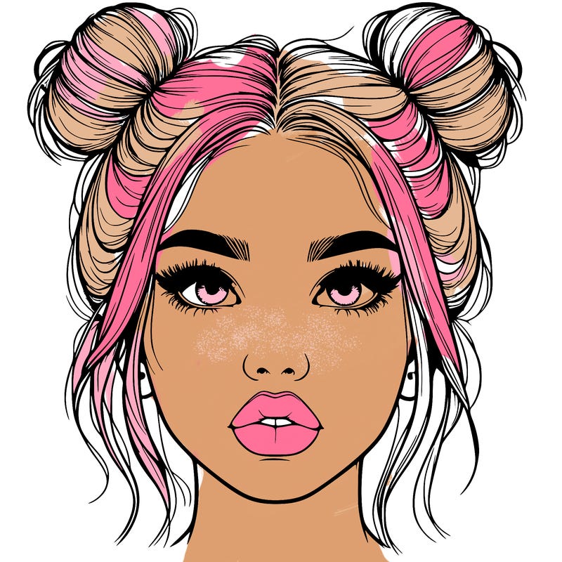 realistic girl with two buns on her hair and lips