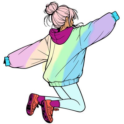 realistic girl jumping with a bun and oversized sweatshirt