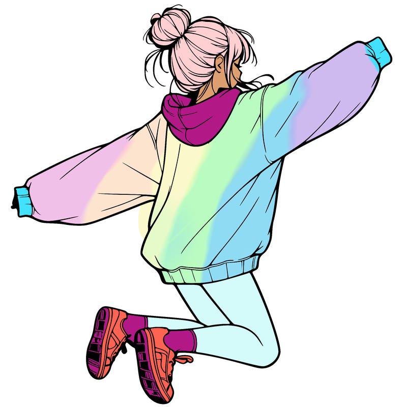 realistic girl jumping with a bun and oversized sweatshirt