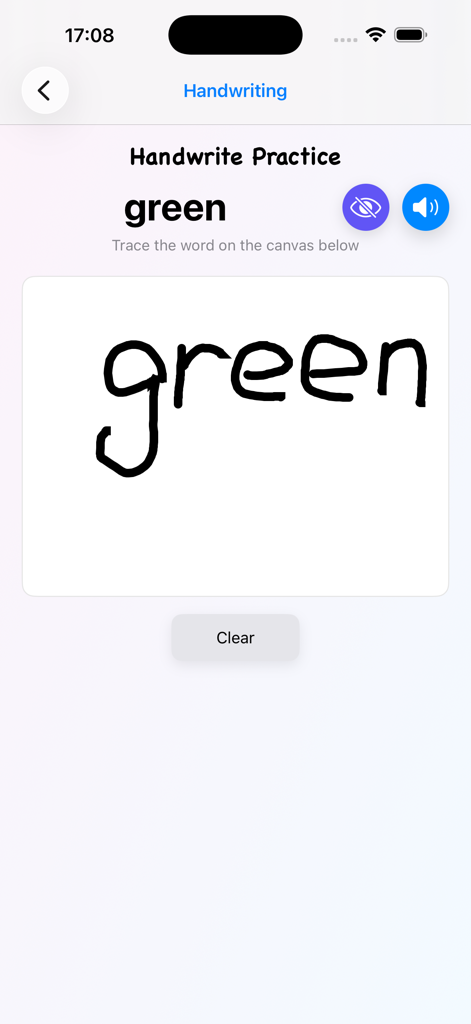 Poco World -儿童英语启蒙乐园，边玩边学更有效 - Poco World app handwriting practice screen showing the word green being traced