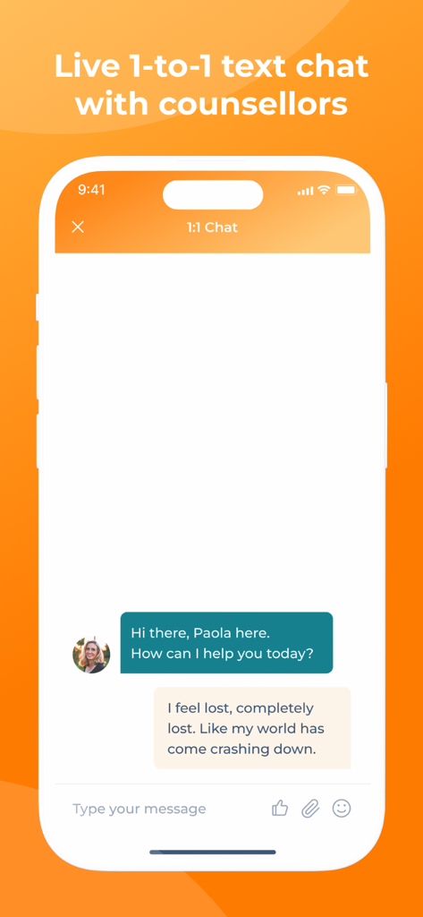 A screenshot of the Grief Works app displaying its live one-to-one text chat feature with a professional counsellor.