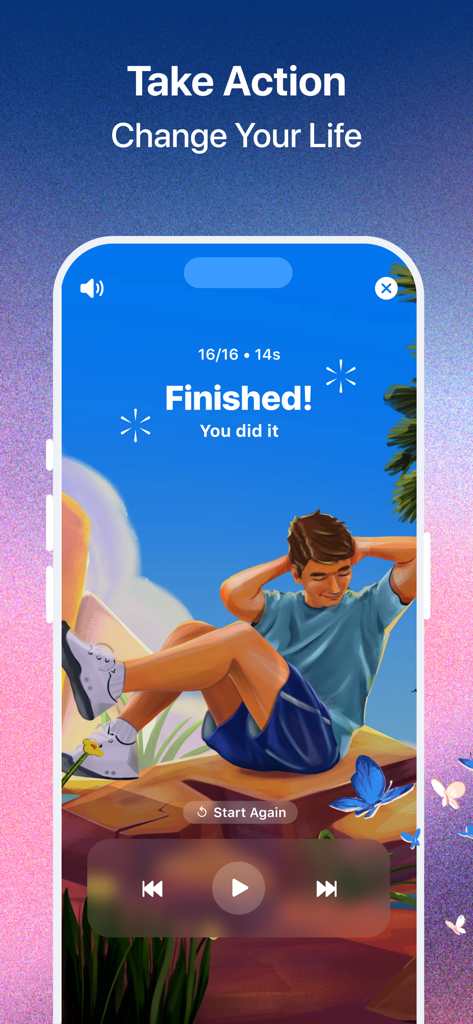 Elixir: Find Balance & Purpose - A screenshot from the Elixir app showing a completed session screen with a man relaxing in a nature illustration and the text Finished You did it