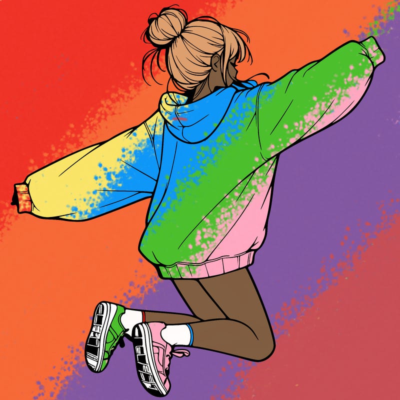 realistic girl jumping with a bun and oversized sweatshirt