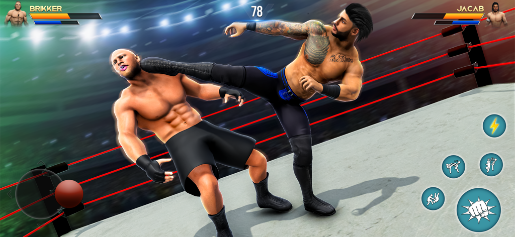 Real Wrestlers Championship 3D - Una lucha libre 3D que muestra a un luchador realizando una patada alta a un oponente en el ring.