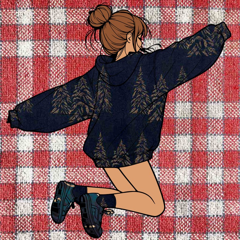 realistic girl jumping with a bun and oversized sweatshirt