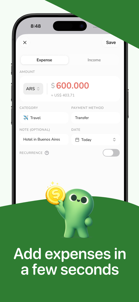 Kesef: Expense Tracker - Interface do aplicativo móvel Kesef para adicionar uma despesa de viagem com conversão automática de moeda