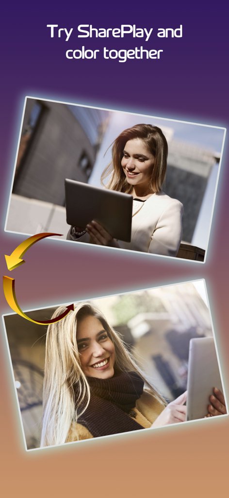 ColorRing・Adult Coloring Book - Two women smiling while using tablets to color together using the SharePlay feature in the ColorRing app