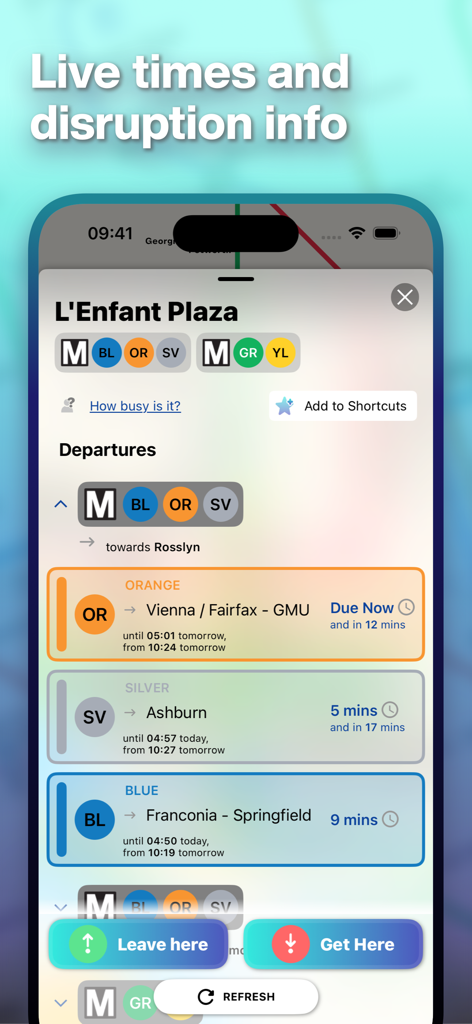 Mapway mobile app screen showing live metro departure times and transit disruption information