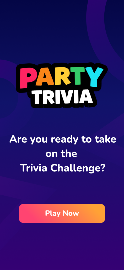 Party Trivia! Group Quiz Game - Start screen of Party Trivia app with a colorful logo and a play now button
