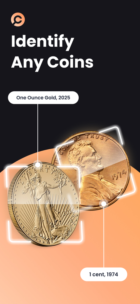 CoinIn app screen showing the identification of a gold coin and a 1974 penny with scanning boxes