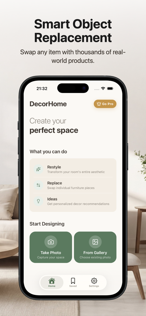 DecorHome AI mobile app home screen showing smart object replacement and room restyling features.