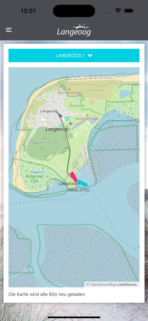 Langeoog - die offizielle App - Oberfläche der offiziellen Langeoog-App, die eine Echtzeitkarte mit Fährpositionen und Inselnavigation zeigt