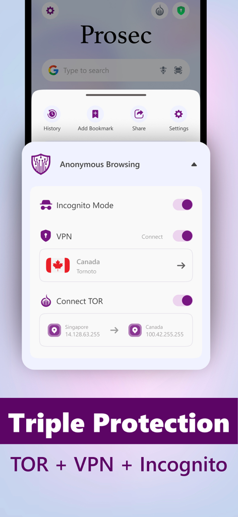 Prosecアプリのインターフェース、TOR、VPN、シークレットモードのトグルを備えた匿名ブラウジング設定が表示されています。